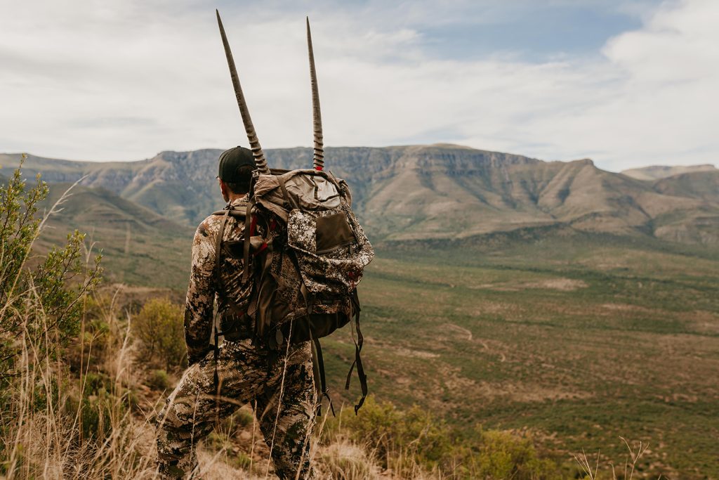 Hunter carrying oryx trophy horns across dramatic South African mountain landscape documented by Wildsmith safari videography