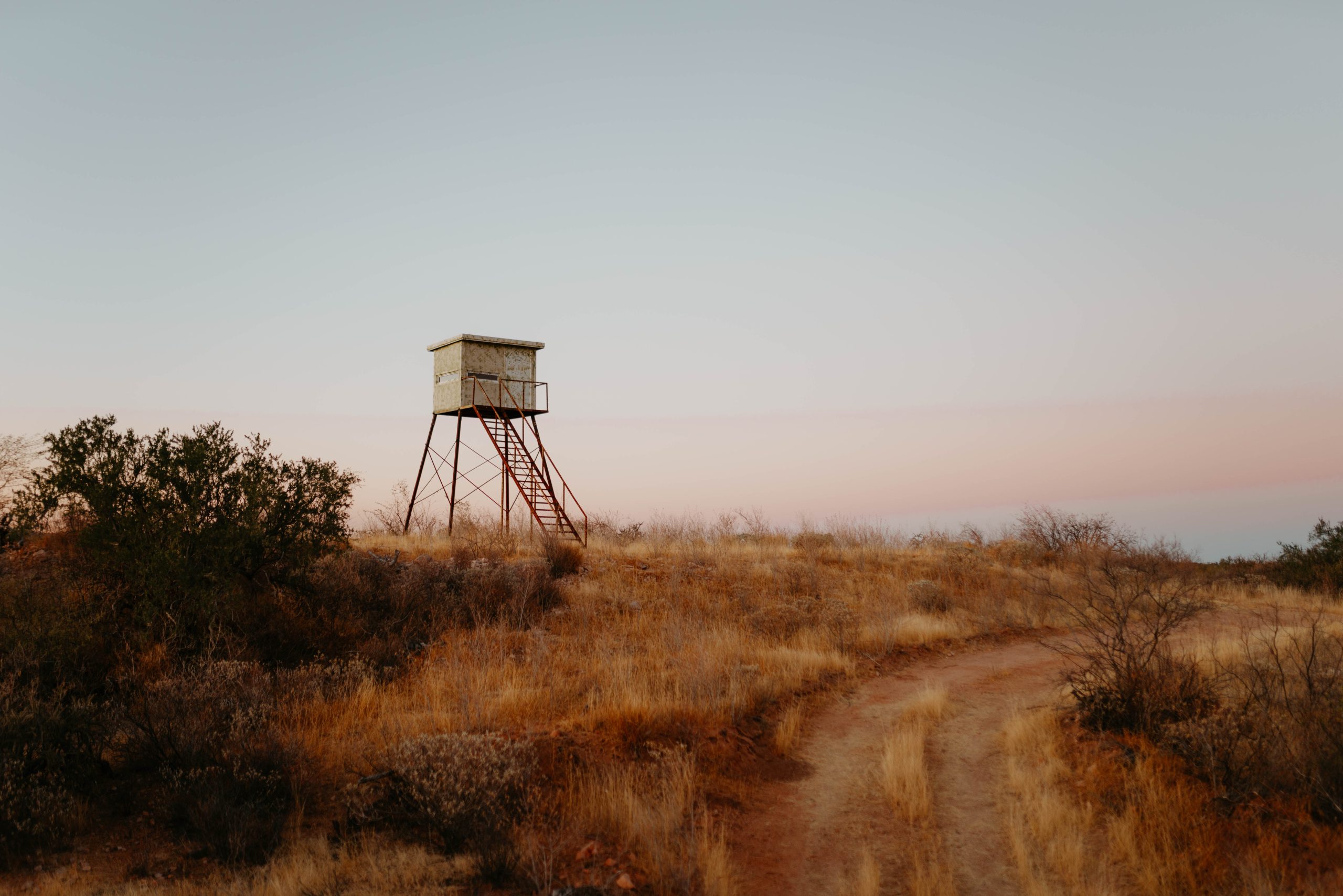 Elevated hunting blind on dirt road in golden hour South African bushveld documented by Wildsmith safari videography